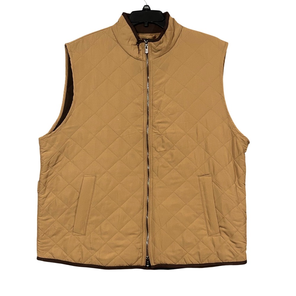 Magaschoni Mens Quilted Vest Tan Camel Brown Fleece Lined Full Zip Size XL